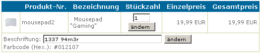 Individualisierbarer Artikel im Warenkorb