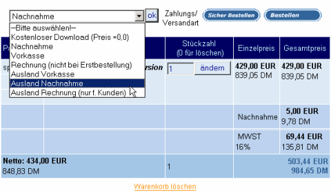 Zahlungsartauswahl im Warenkorb